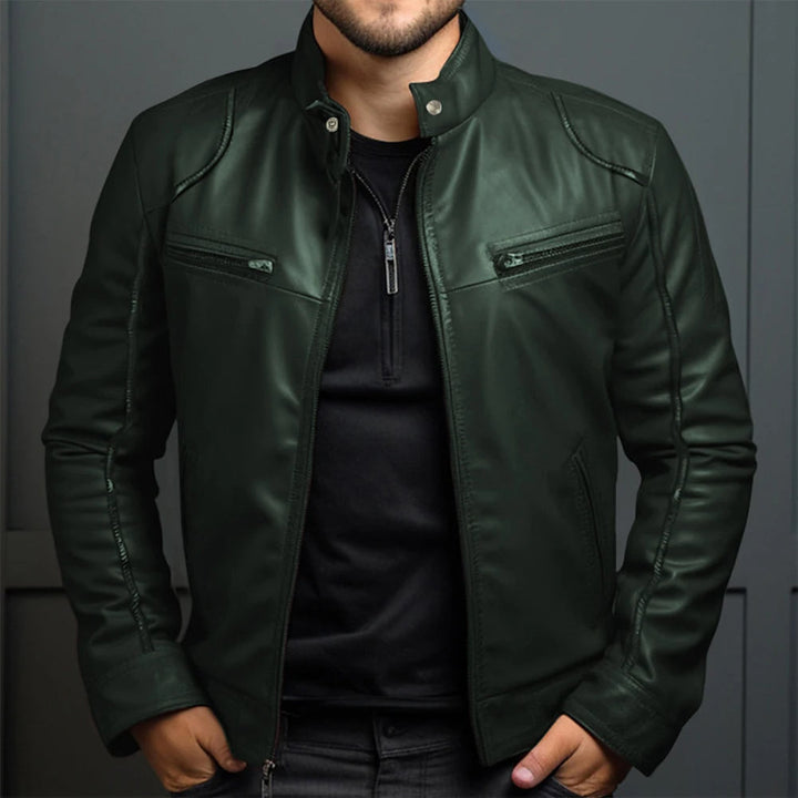 Classic men's vintage motorcycle jacket, modern comfort. Stylish retro biker outerwear for fall fashion.
