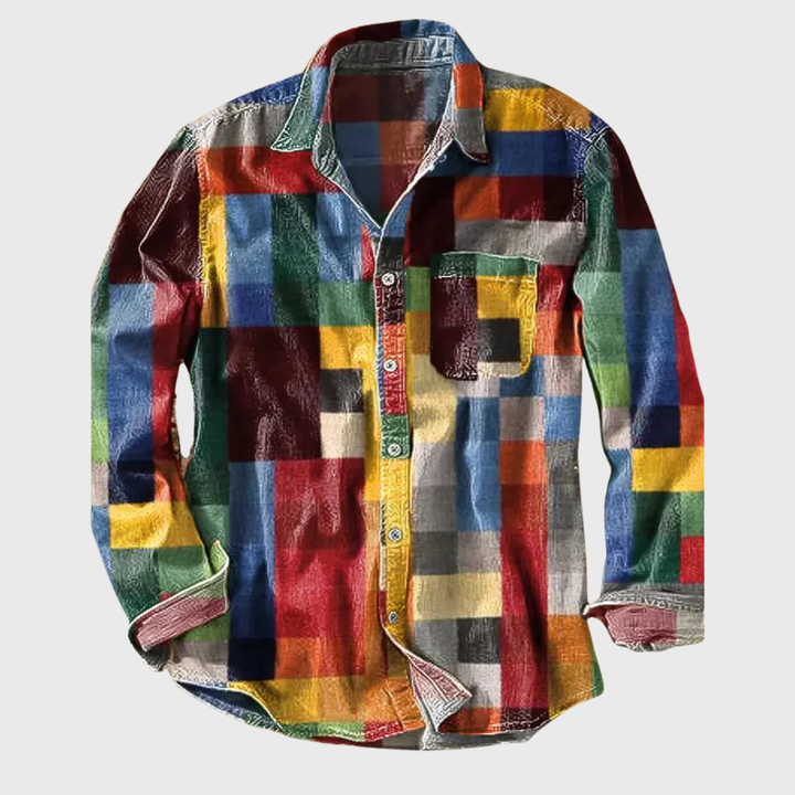 Men's retro rainbow print vintage long sleeve button-down shirt, loose fit, perfect for casual streetwear fashion.