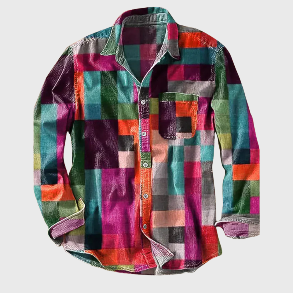 Vibrant men's retro rainbow print shirt, long sleeve, unique vintage button-down style, ideal for summer & boho fashion.