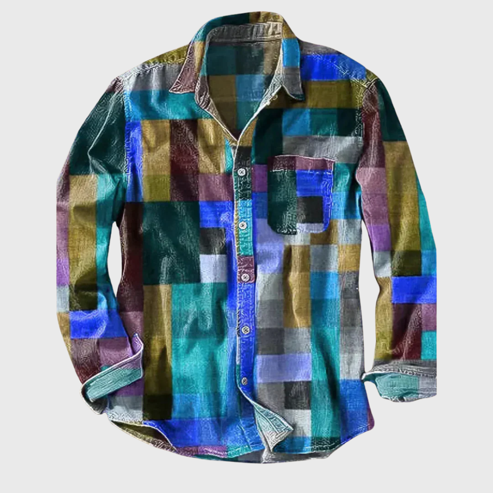Loose fit men's vintage rainbow print button-down shirt, long sleeve, colorful retro style for modern streetwear fashion.