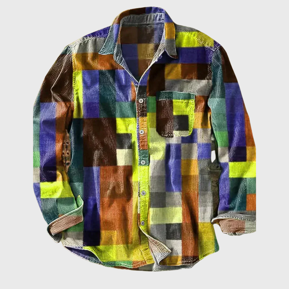 Casual men's long sleeve button-down shirt with a colorful retro rainbow print, vintage-inspired for unique streetwear.