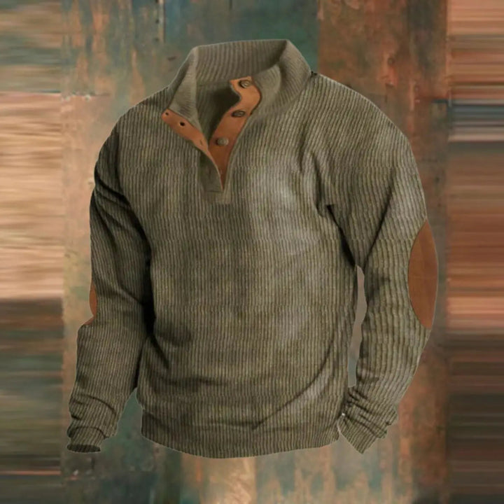 Men's retro ribbed quarter-snap pullover sweater with stylish elbow patches, perfect for casual vintage looks.