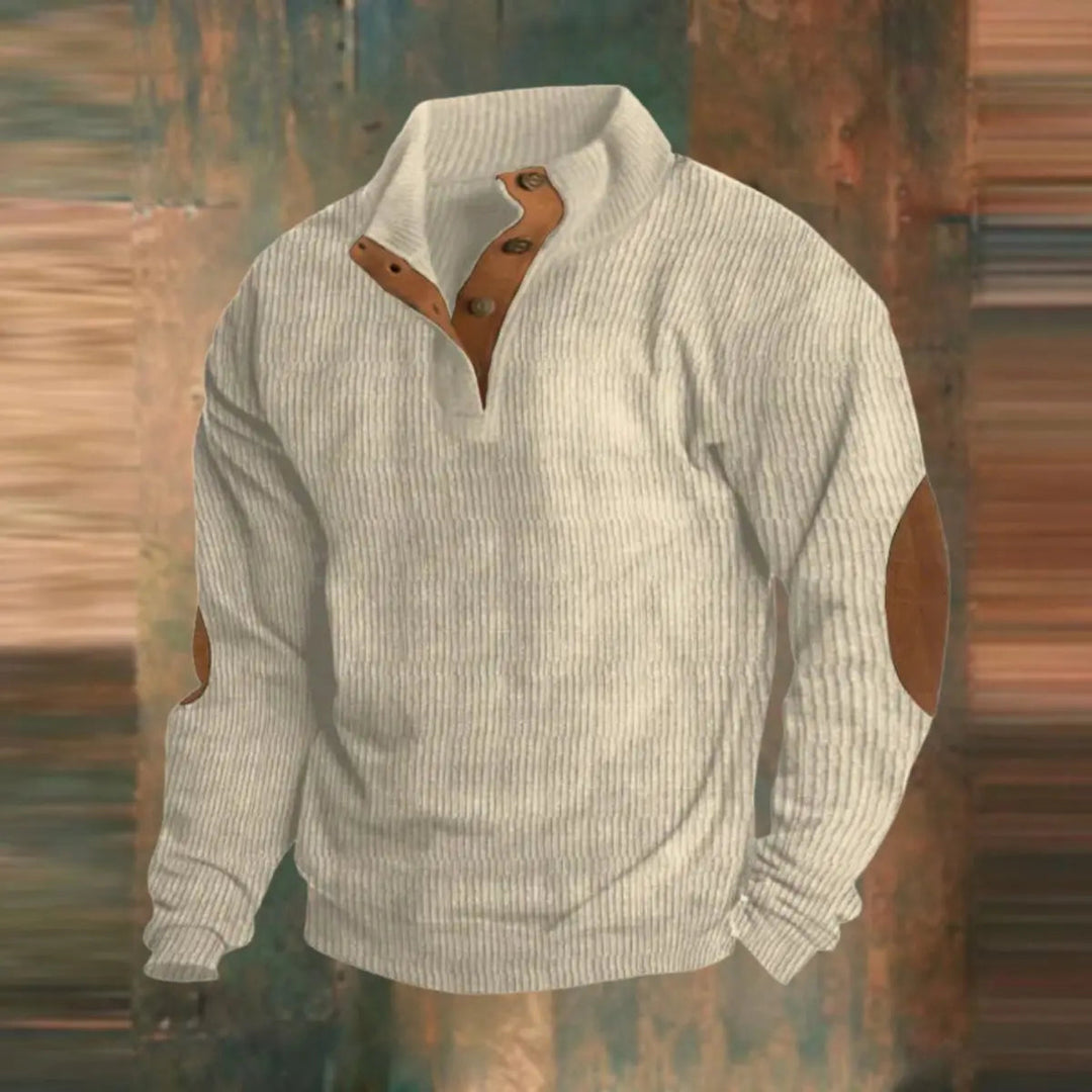 Everyday men's ribbed pullover sweater with quarter-snap neckline and durable elbow patches for a heritage style.