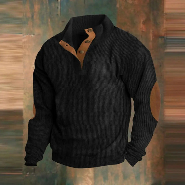 Stylish men's retro ribbed quarter-snap sweater with elbow patches, a versatile layering piece for cold weather.