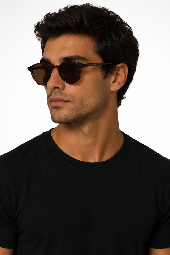 Vintage-inspired men's round retro sunglasses, stylish dark lens eyewear for classic sun protection.