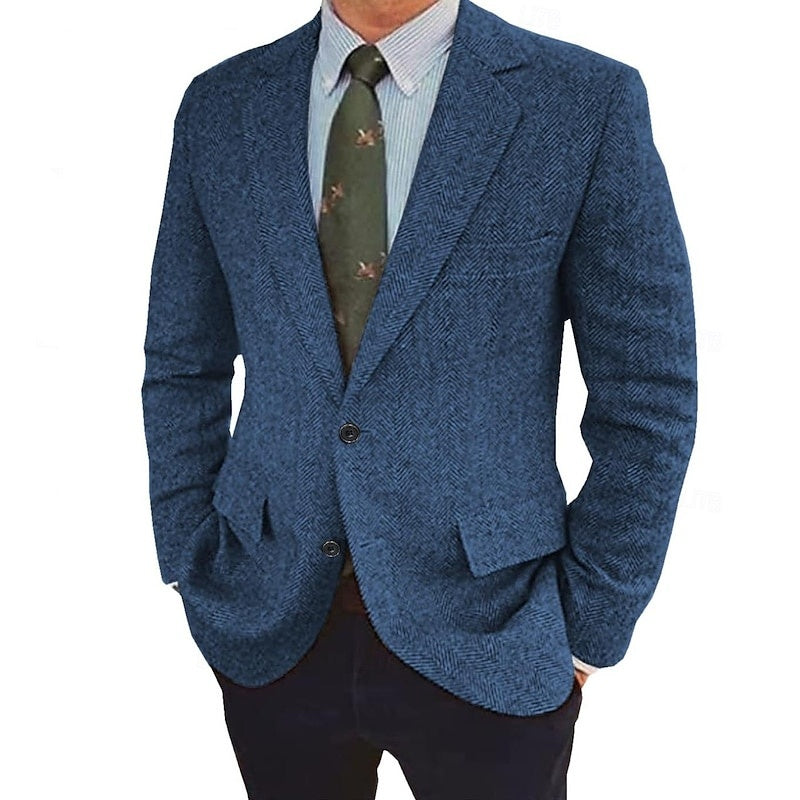 Tailored men's smart jacket with two-button closure, offering a sleek retro silhouette.