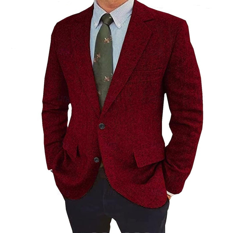 Versatile men's retro jacket, single-breasted two-button design for formal or casual wear.
