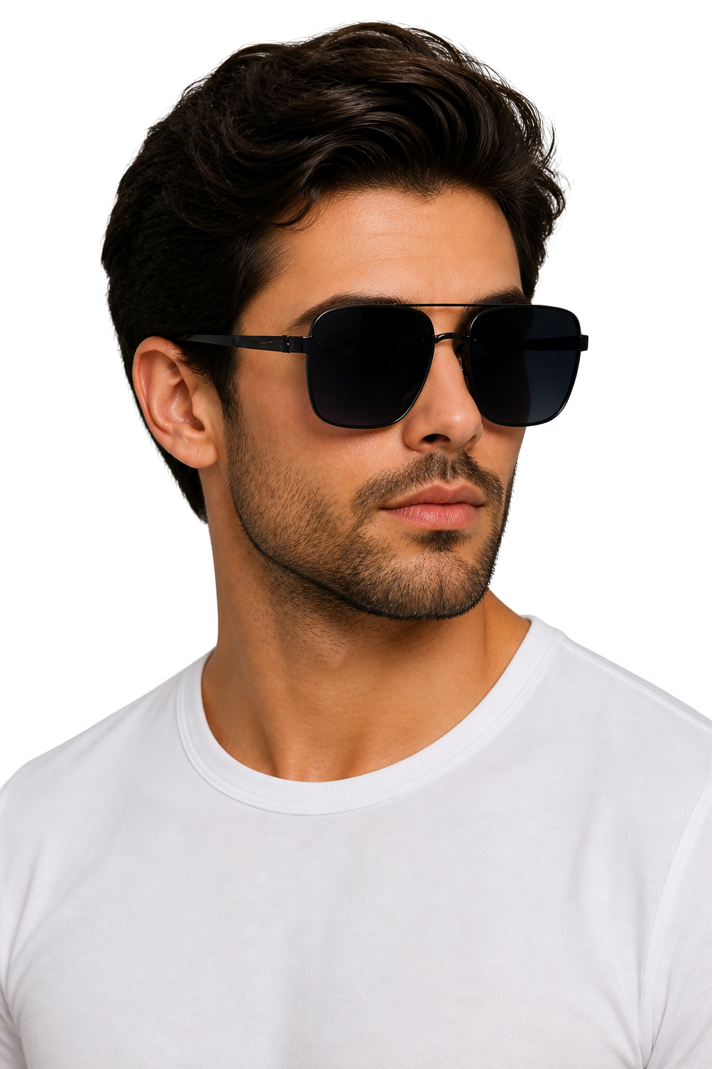 Men's eyewear: retro square sunglasses, titanium frame for durability, and clear UV400 gradient lenses.