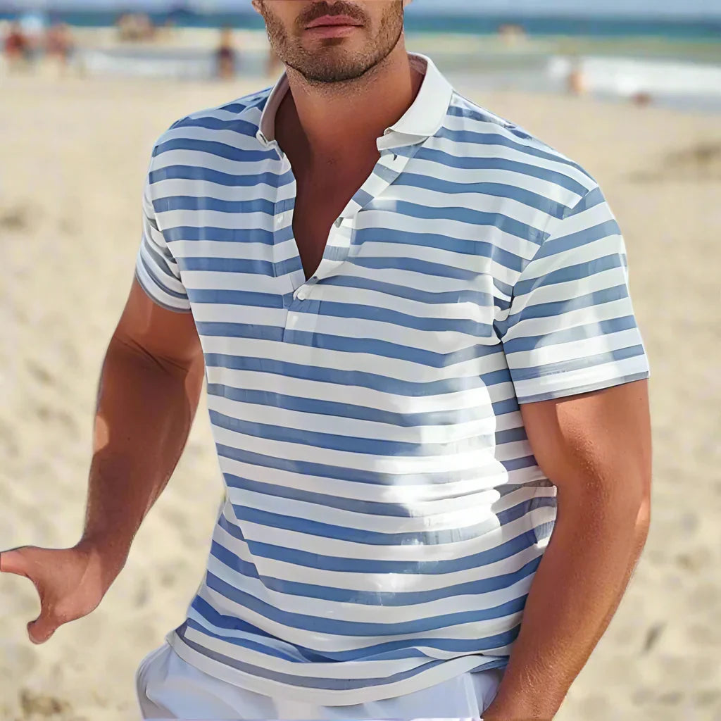 Men's retro striped polo shirt, perfect for smart-casual & everyday fashion. Classic short sleeve design.