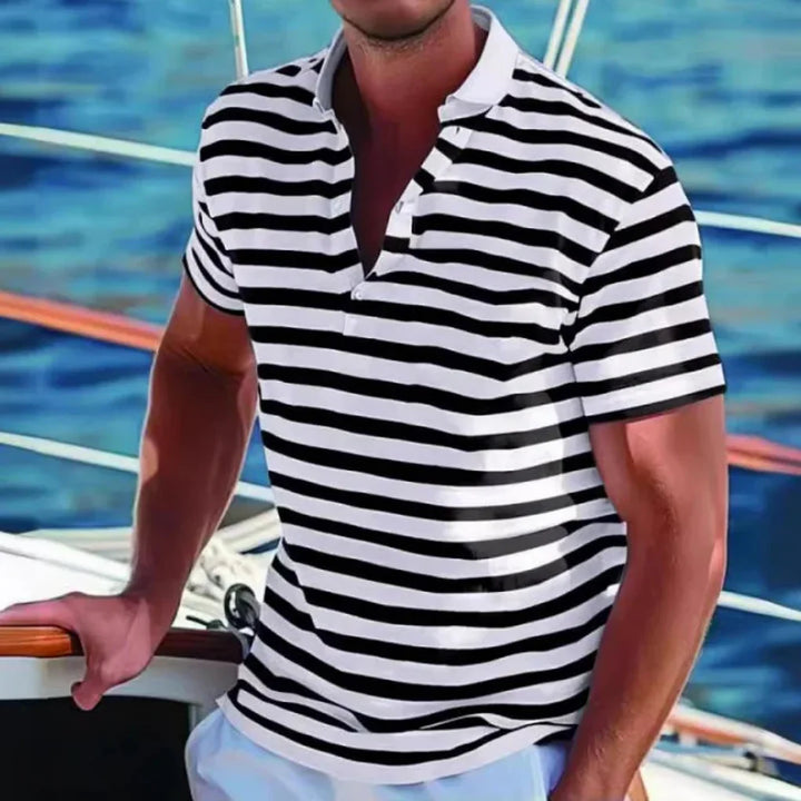 Navy blue men's polo with retro stripes, ideal for casual summer wear. Stylish short sleeve top.