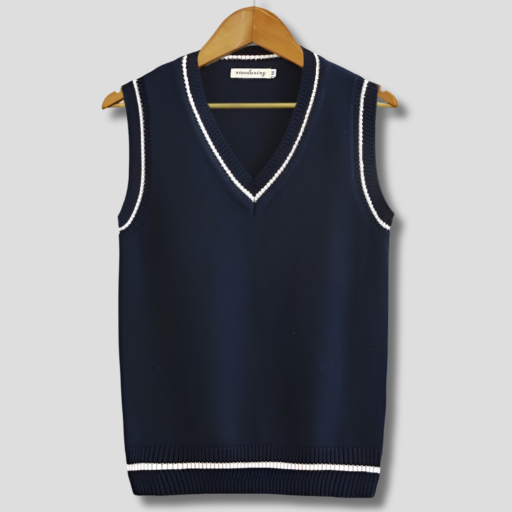Men's retro striped V-neck sweater vest. Preppy style pullover, perfect for layering in spring or autumn.