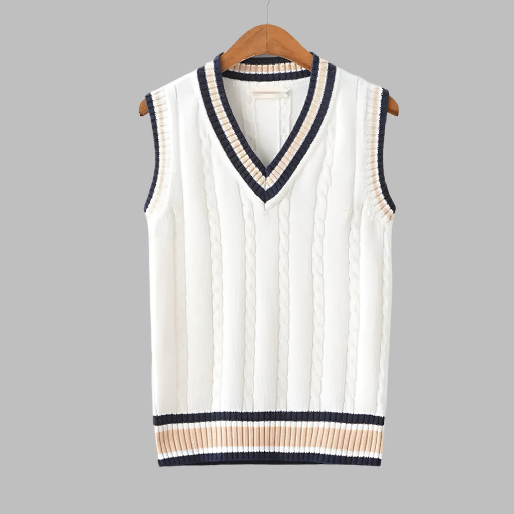 Sleeveless men's V-neck pullover sweater vest with classic retro stripes. Comfortable preppy casual wear.