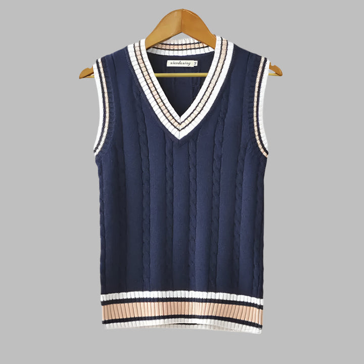 Men's preppy striped V-neck sweater vest, a stylish sleeveless pullover for casual spring & autumn fashion.