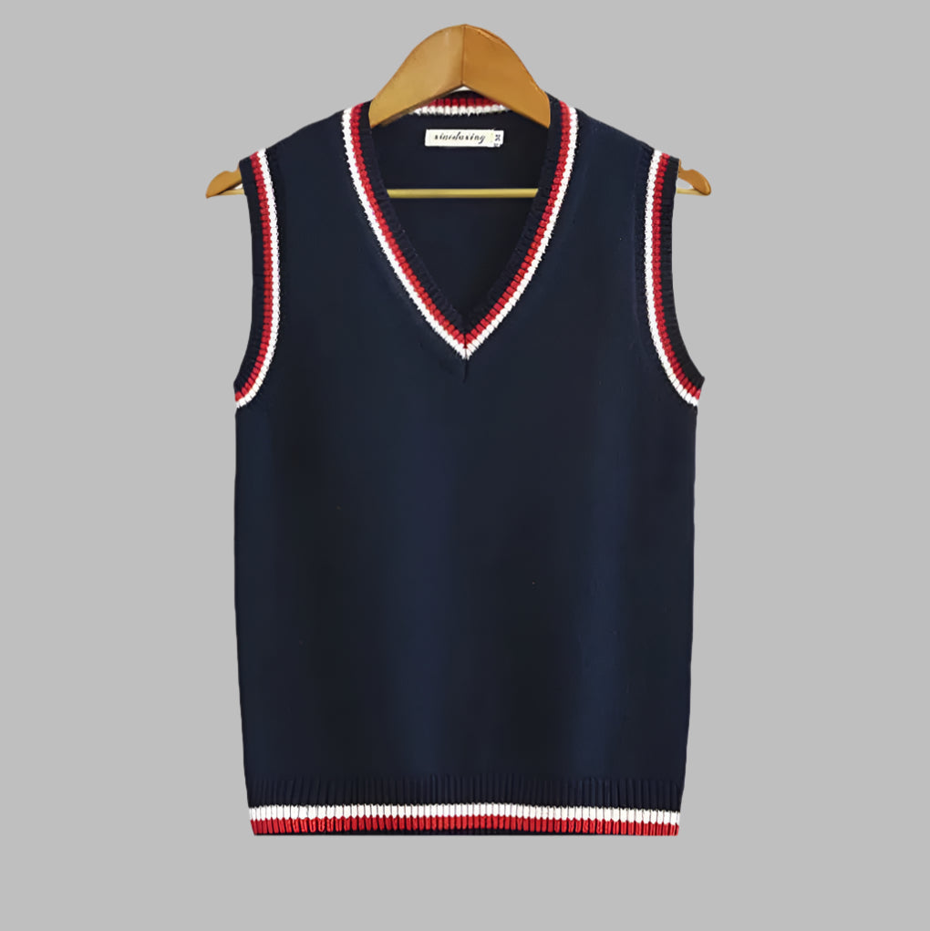 Retro striped men's V-neck sweater vest. Sleeveless pullover for classic preppy layering and comfort.