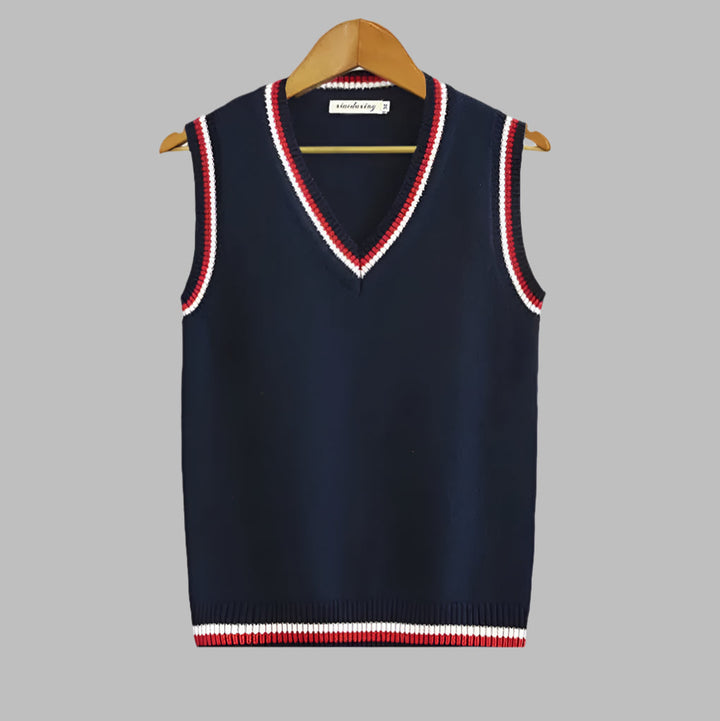 Retro striped men's V-neck sweater vest. Sleeveless pullover for classic preppy layering and comfort.