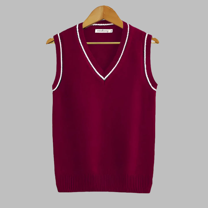 Men's V-neck striped sweater vest. Sleeveless pullover in preppy retro style, ideal for mens fashion.