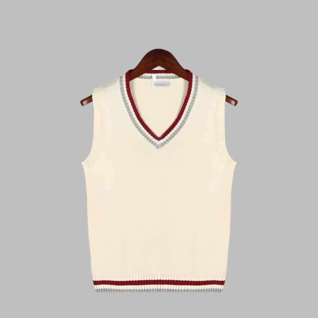 A man wearing a comfortable preppy V-neck striped sweater vest. Sleeveless pullover for casual spring autumn layering.