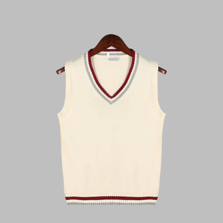 A man wearing a comfortable preppy V-neck striped sweater vest. Sleeveless pullover for casual spring autumn layering.