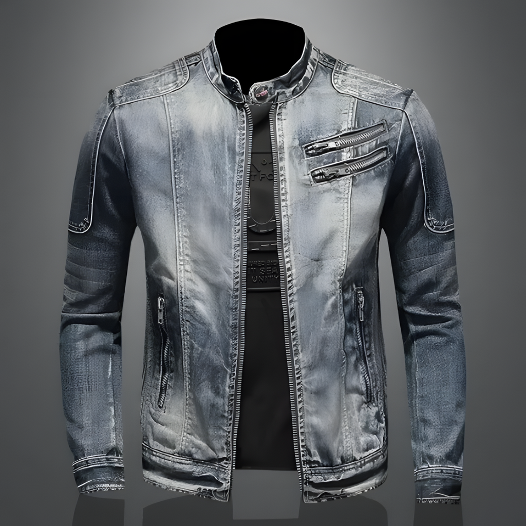 Men's retro style jacket with vintage wash, perfect casual outerwear for spring & summer. Tailored fit button-up.