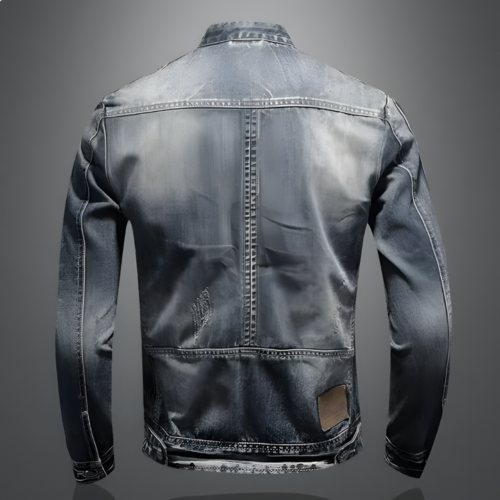 Men's button-up retro jacket featuring a vintage wash. Tailored fit outerwear for versatile spring/summer fashion.