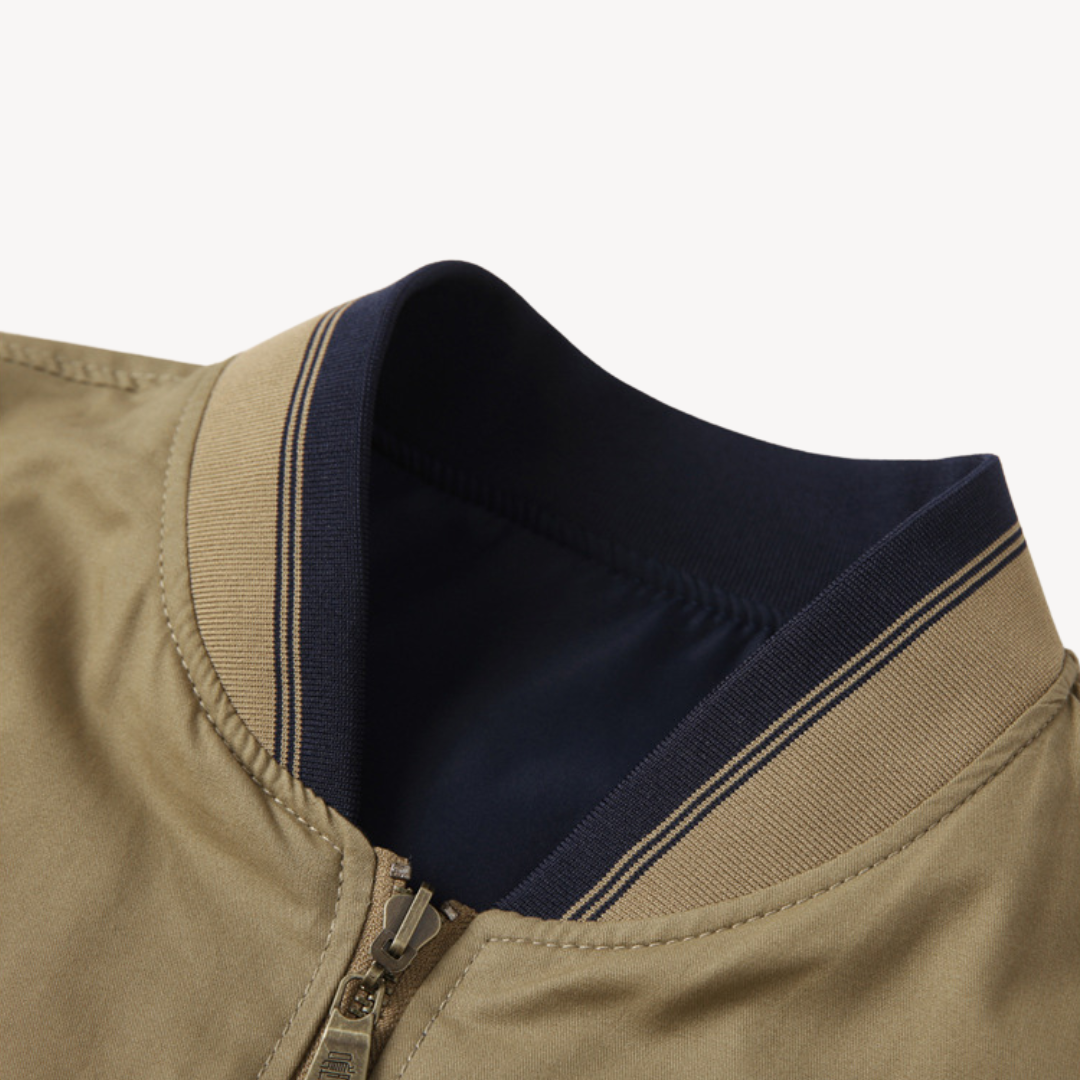 Versatile men's lightweight bomber jacket, reversible design, great for casual everyday outerwear.