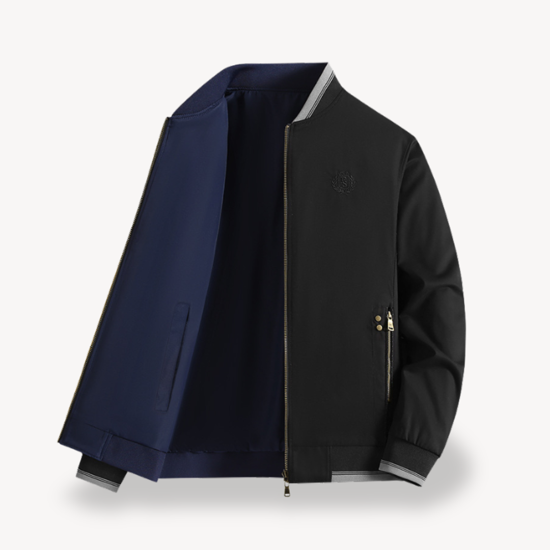 Modern men's slim fit bomber jacket, lightweight and reversible for comfortable casual wear.