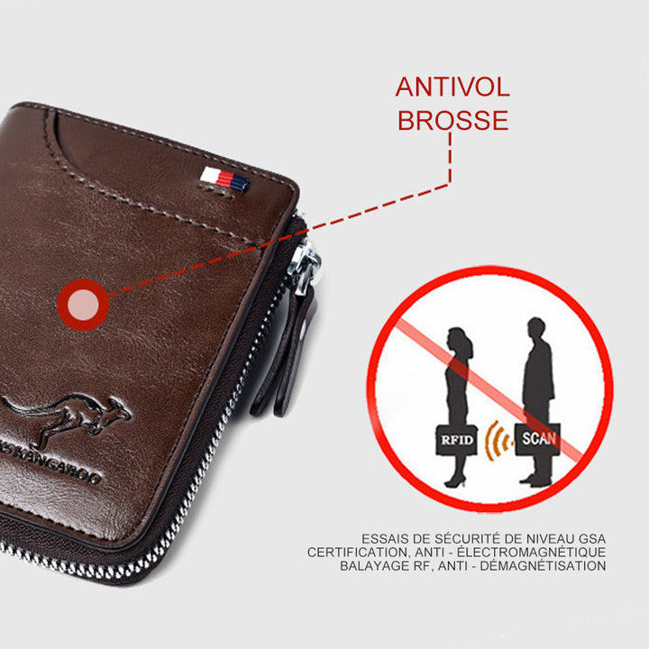 Secure men's leather wallet, RFID blocking card slots, perfect gift.