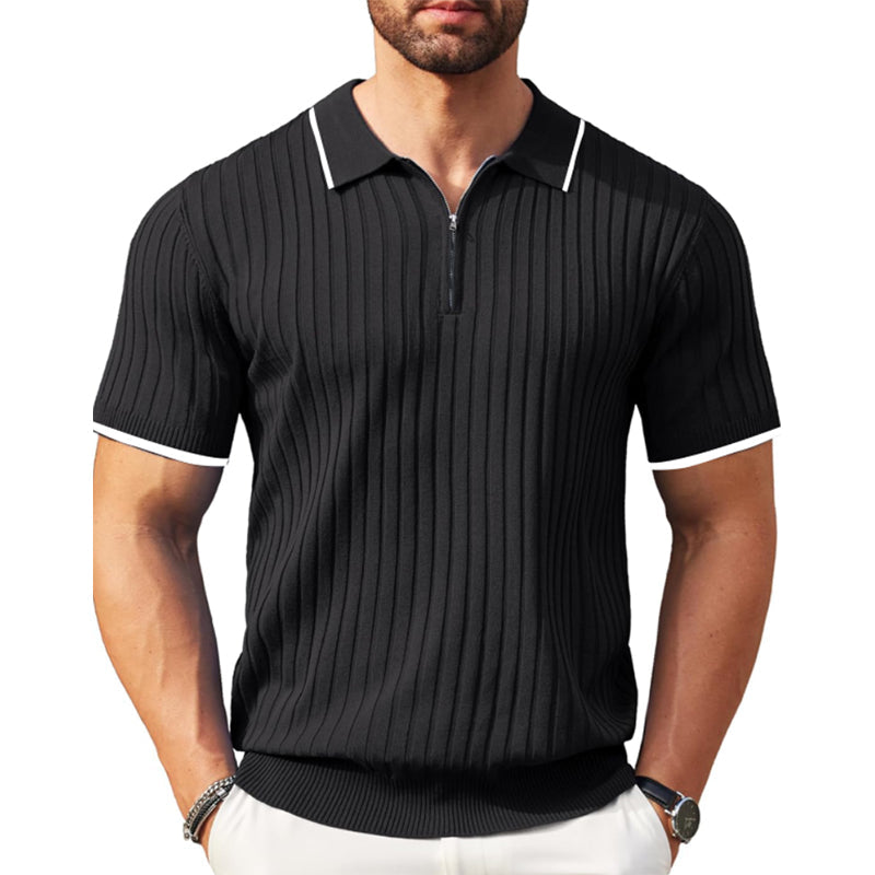 Men's rib knit polo shirt, short sleeve, zipper. Comfortable, stylish summer casual wear.