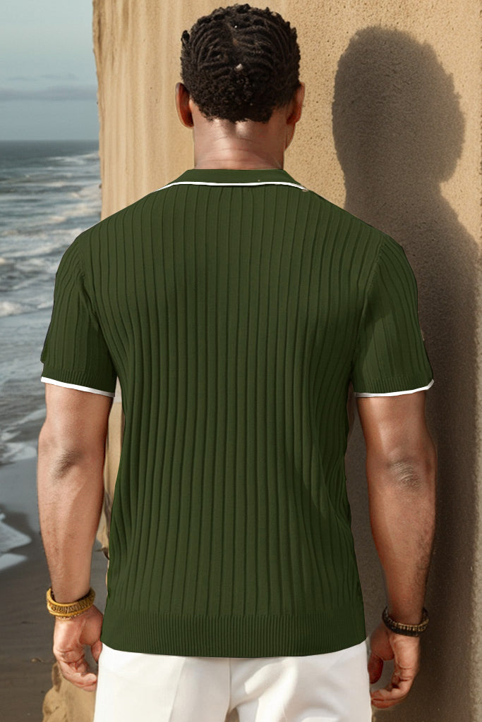 Modern men's ribbed knit polo shirt. Short sleeve zipper design, stylish and comfortable for summer.
