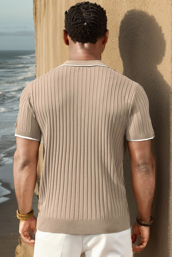 Men's stylish ribbed knit polo. Short sleeve, zipper, comfortable summer casual everyday wear.