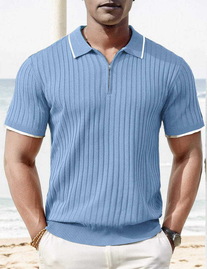 Stylish men's ribbed knit polo. Perfect summer top for casual wear, short sleeve comfort.