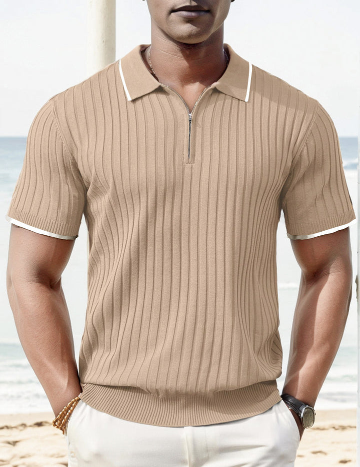 Comfortable men's rib knit polo shirt. Soft fabric, short sleeve, everyday summer style, zipper detail.
