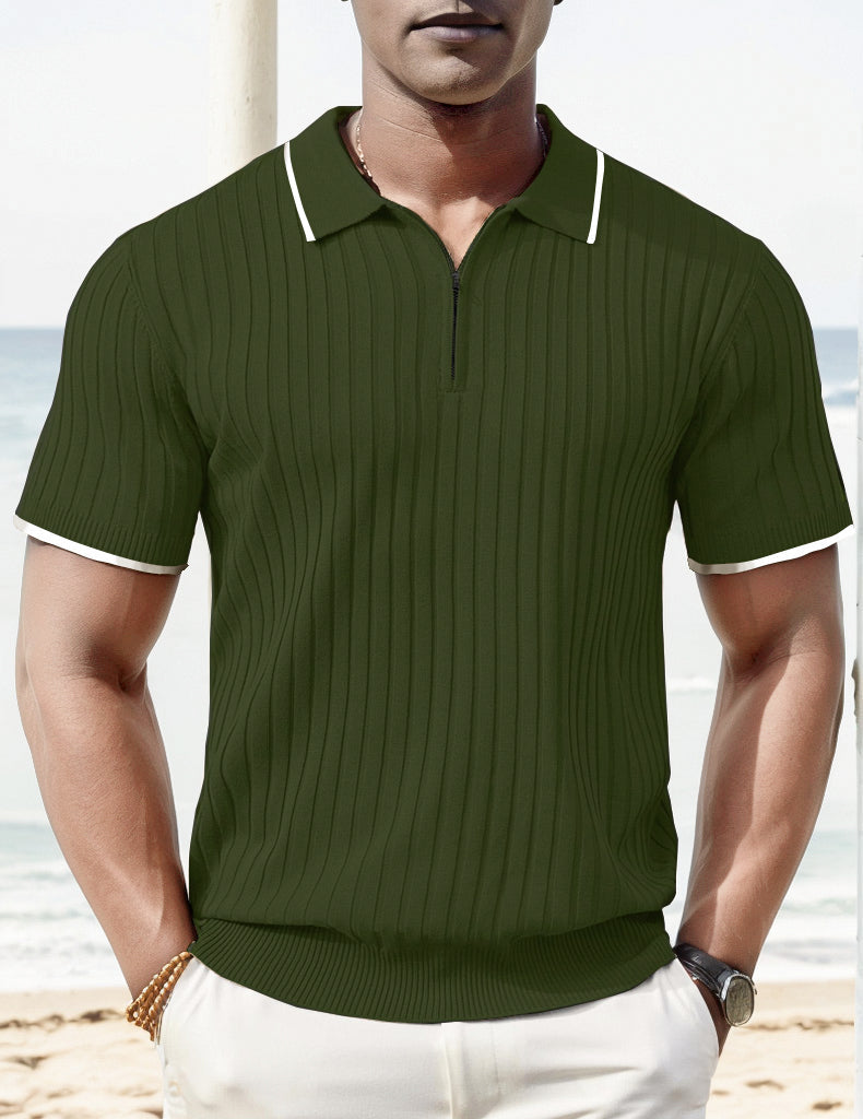 Men's short sleeve zipper polo. Ribbed knit for a stylish, comfortable summer look and casual wear.