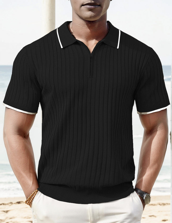 Casual men's rib knit polo for summer. Everyday stylish comfort with short sleeves and a zipper.