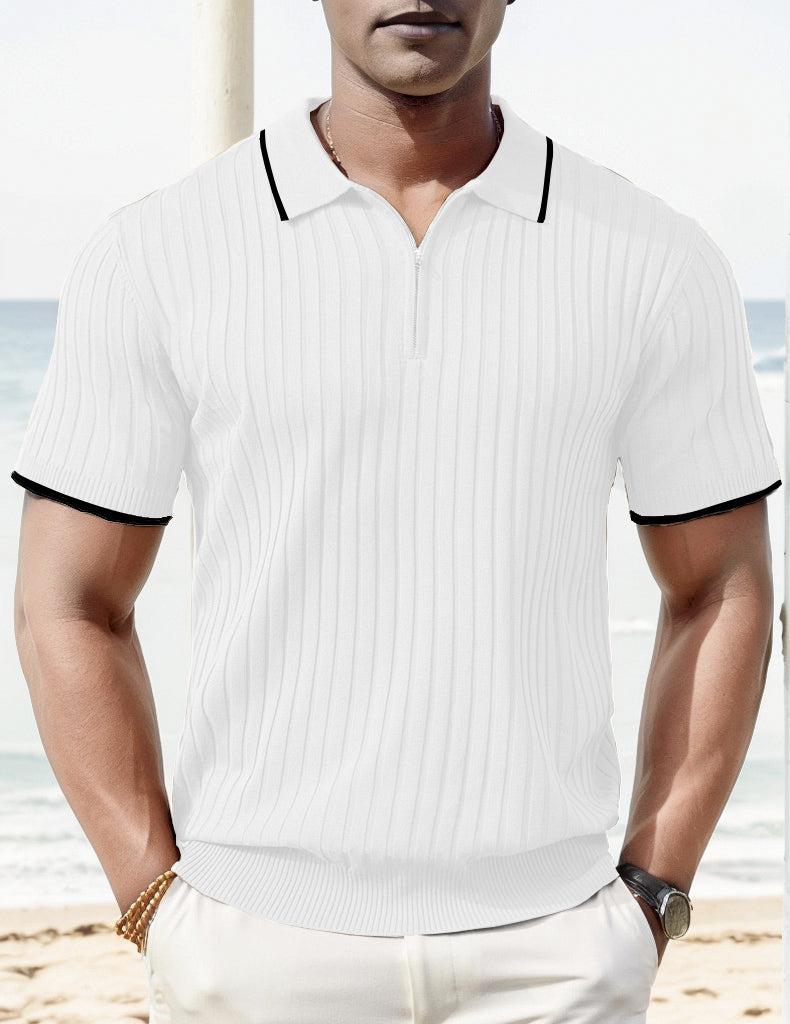 Men's ribbed knit short sleeve polo. Modern, comfortable, stylish summer fashion and casual wear.
