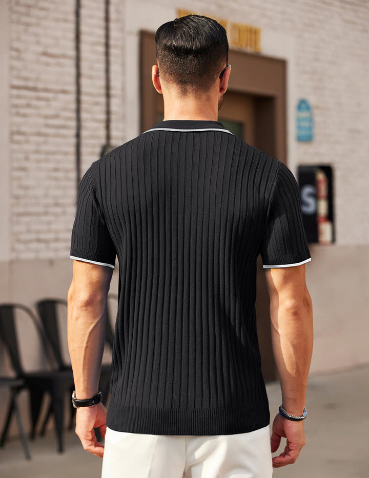 Stylish men's ribbed knit polo shirt. Short sleeve, comfortable, ideal for summer casual wear.