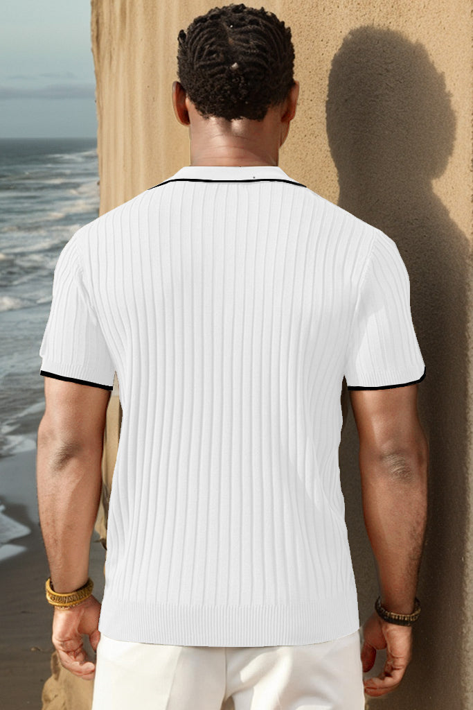 Men's ribbed knit polo with short sleeves and a stylish zipper for summer comfort and casual wear.