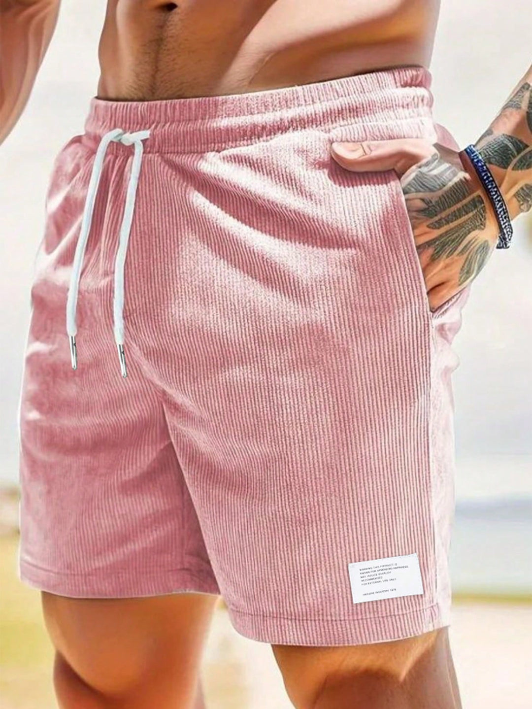 Men's casual athletic ribbed drawstring shorts. Comfortable for movement, lounging & active everyday wear.