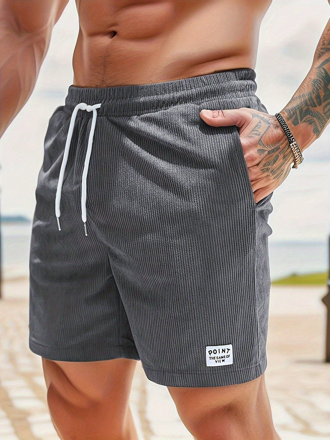Ribbed men's drawstring shorts. Relaxed mid-thigh fit, perfect for casual comfort & everyday lounge wear.