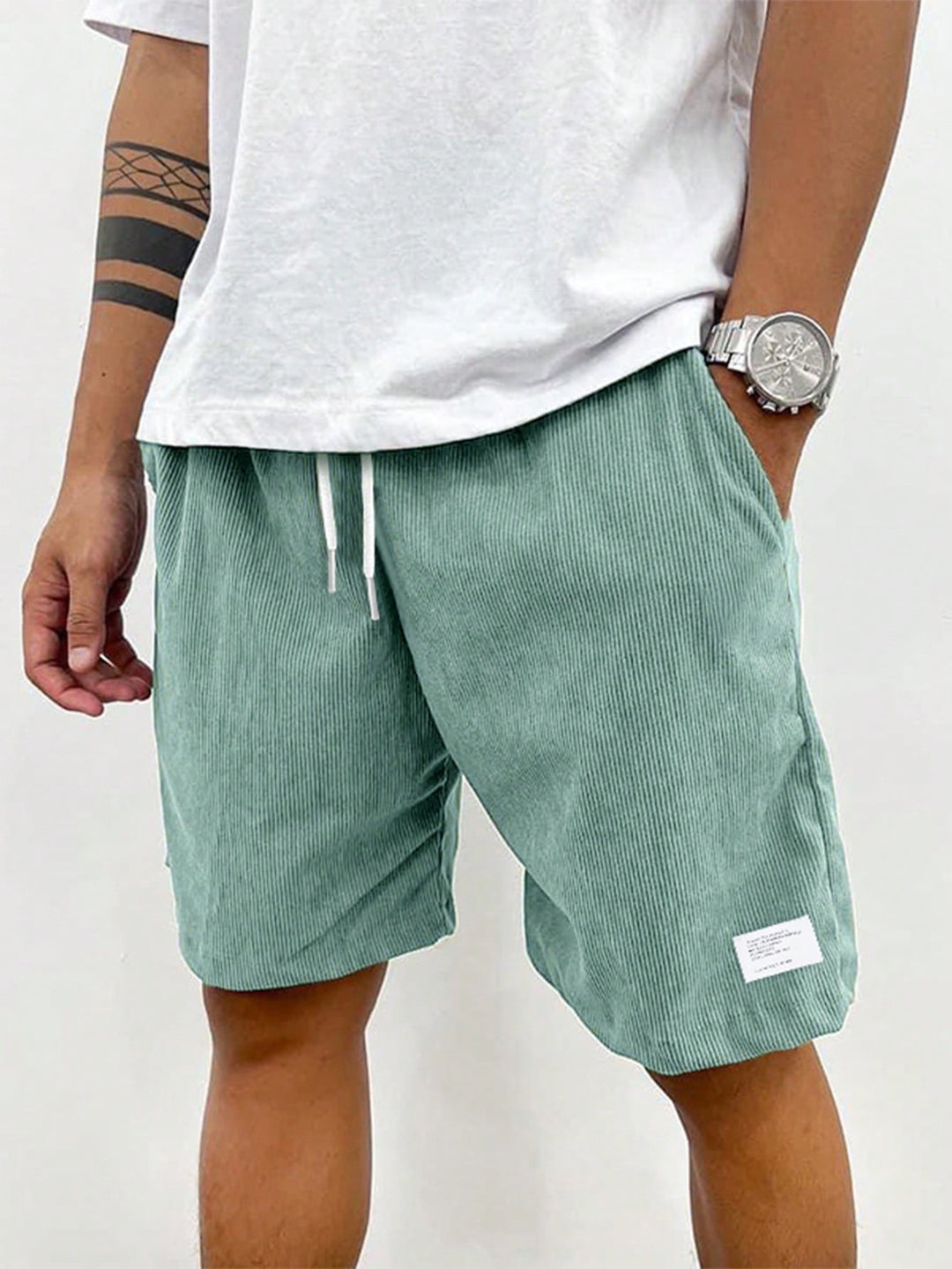 Stylish men's ribbed drawstring shorts. Mid-thigh, casual fit for summer adventures & everyday comfortable wear.