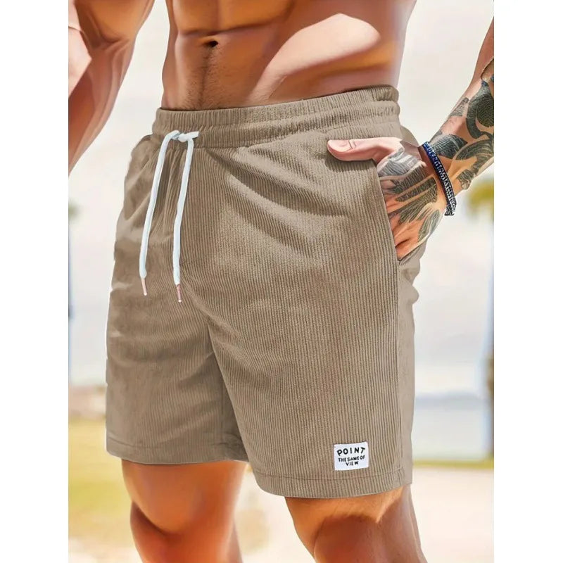 Casual men's ribbed swim shorts with drawstring, quick-dry material for beach and poolside.