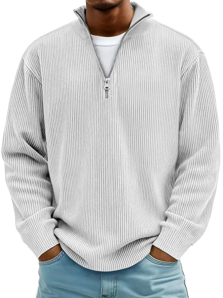 Comfortable men's quarter-zip ribbed knit sweater, featuring a classic pullover design for daily wear.