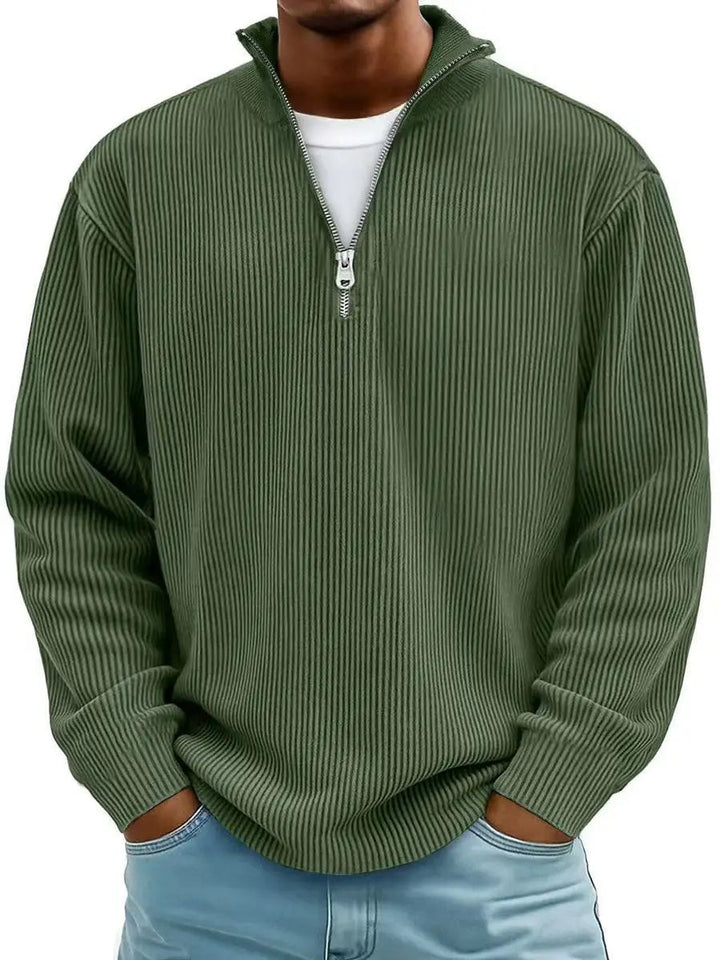 Classic men's ribbed knit quarter-zip pullover sweater, an essential for comfortable autumn and winter layering.