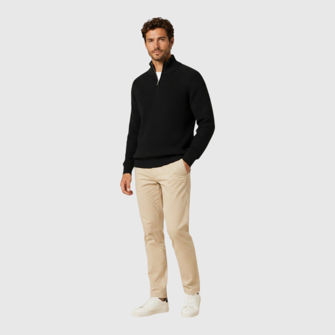 Versatile men's ribbed mock neck sweater, perfect layering piece for smart casual fall outfits.