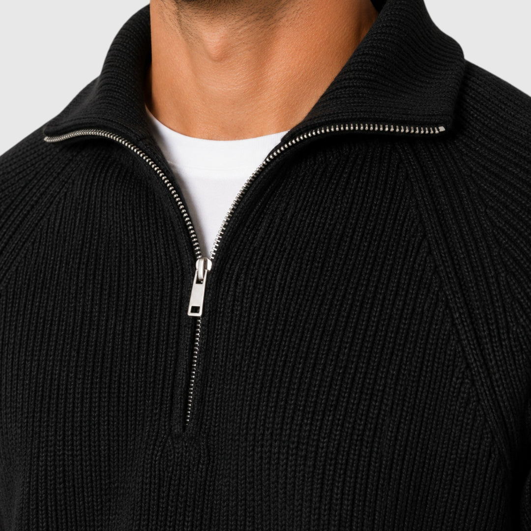 Soft ribbed mock neck men's sweater, essential for smart casual and everyday fall fashion.