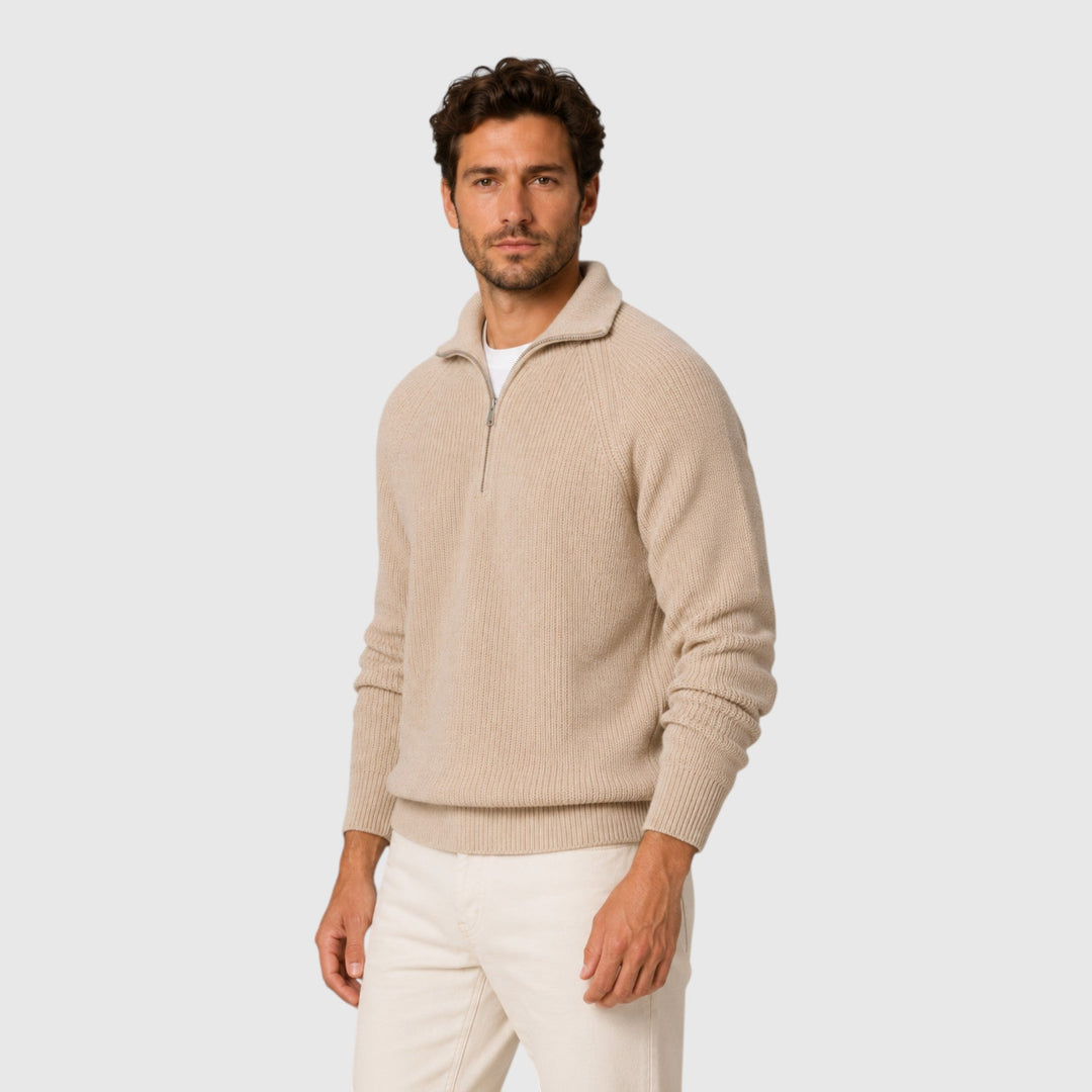 Warm & stylish men's ribbed mock neck pullover, essential for a cozy and fashionable winter look.