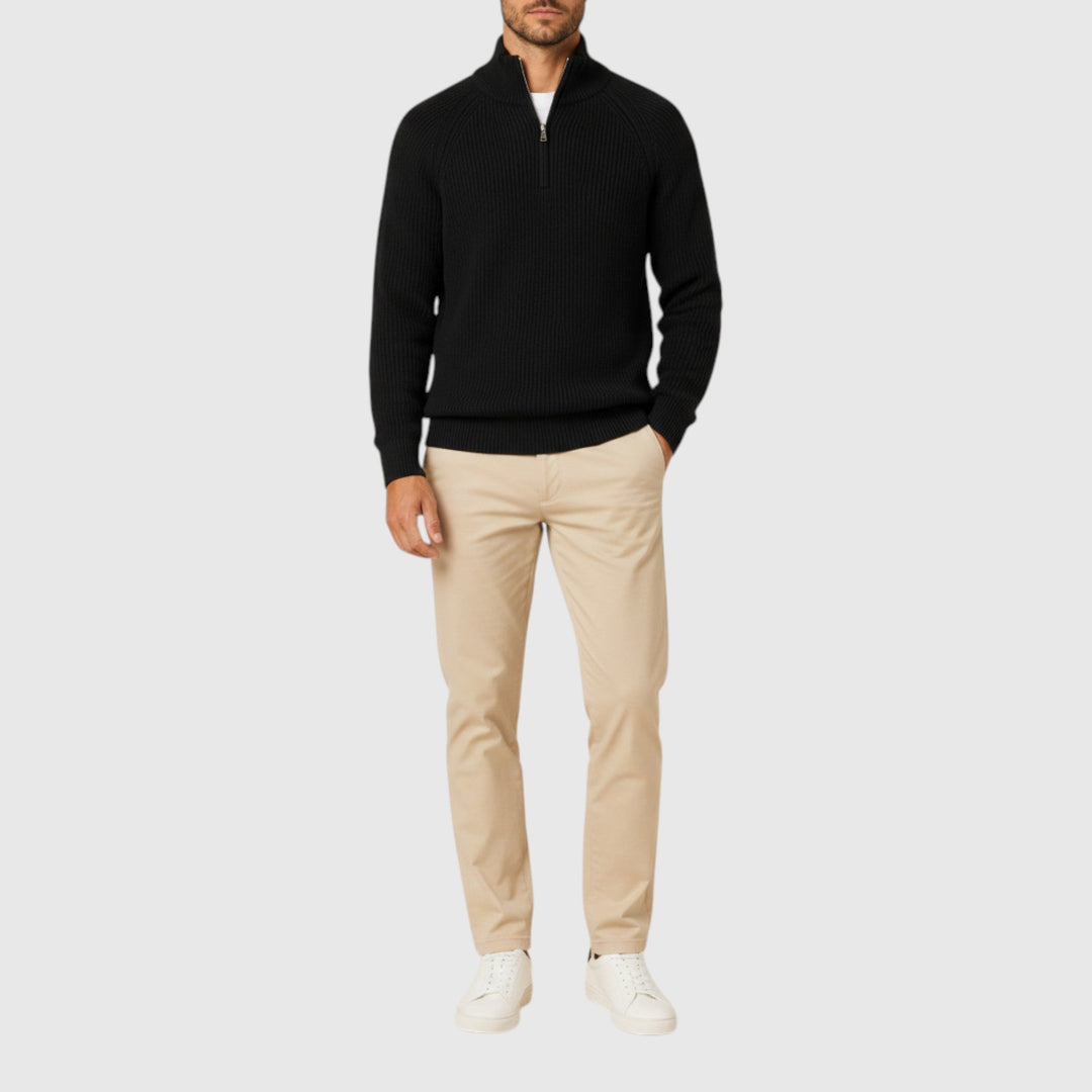 Cozy ribbed knit men's mock neck sweater, providing warmth and style for fall & winter days.
