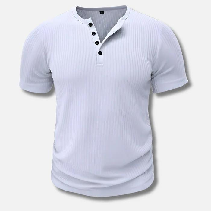 Men's ribbed muscle fit Henley t-shirt with short sleeves and button placket, perfect for athletic casual style.