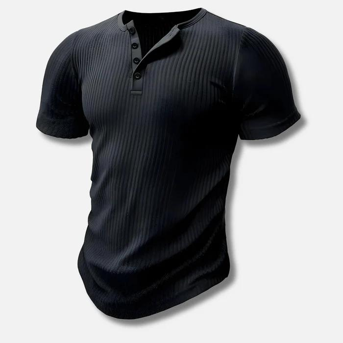 Athletic men's muscle fit Henley shirt. Short-sleeve, ribbed texture, and comfortable design for casual wear.