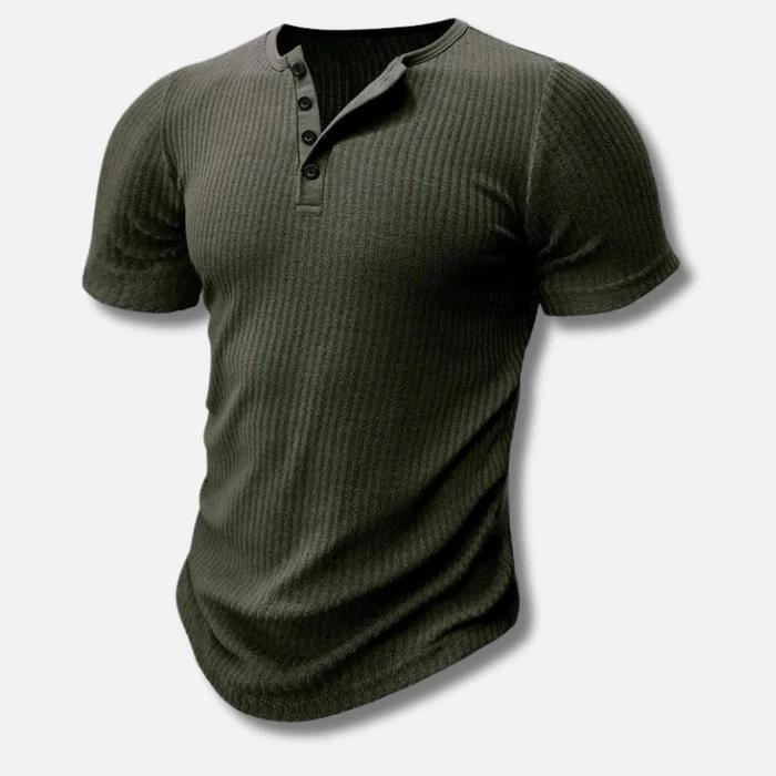 Stylish men's ribbed muscle fit Henley. Short-sleeve top features a button placket; ideal for men's fashion.